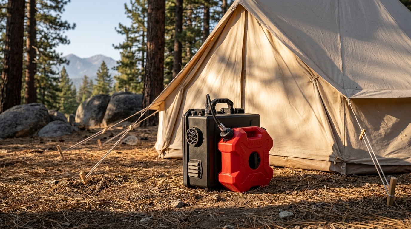 VELIT Portable Air Heater and red fuel can set up outside a canvas bell tent in a pine forest at golden hour