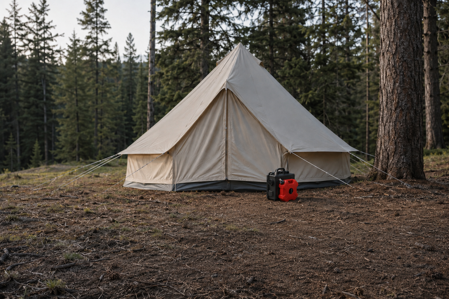 Wide shot of a canvas bell tent in the forest with the VELIT Portable Air Heater and fuel can staged at its entrance