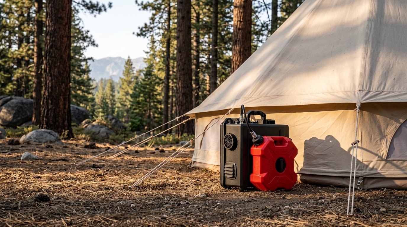 Close-up of the VELIT Portable Air Heater and fuel can positioned against a canvas bell tent's guy-lines at sunset