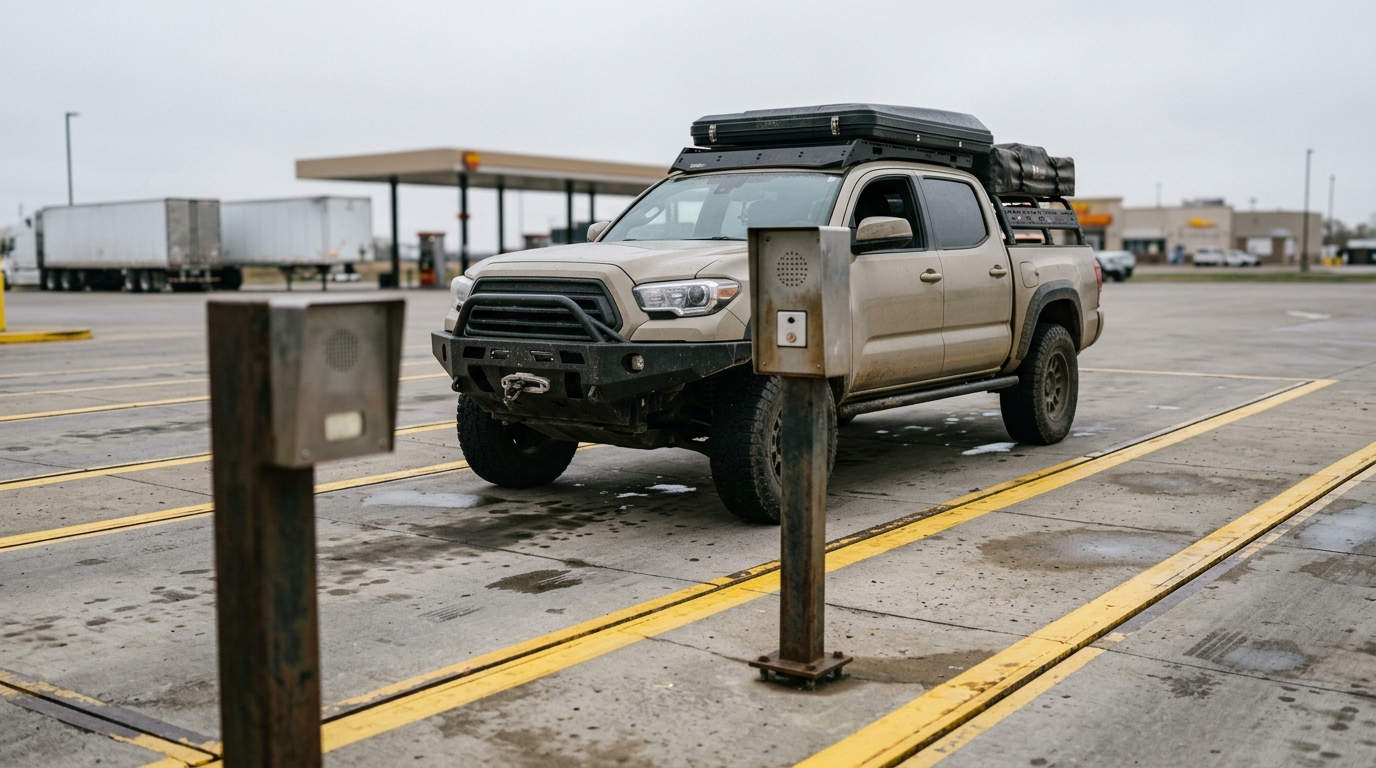 An overloaded overland build weighing in on a certified truck scale