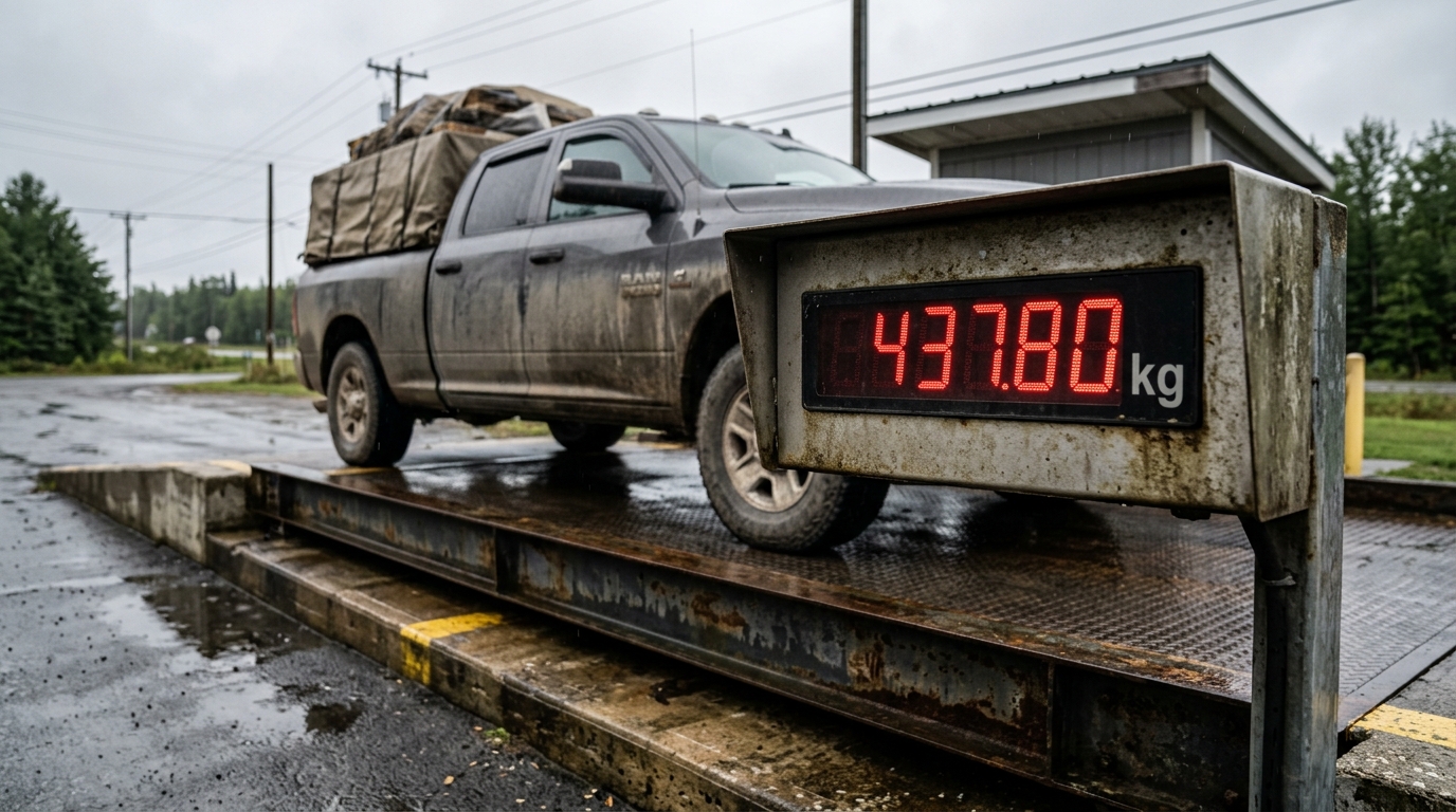 CAT scale readout showing the weight of a loaded pickup truck