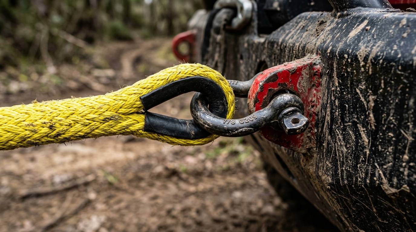 Kinetic recovery rope attached to a rated recovery point on a 4x4 bumper