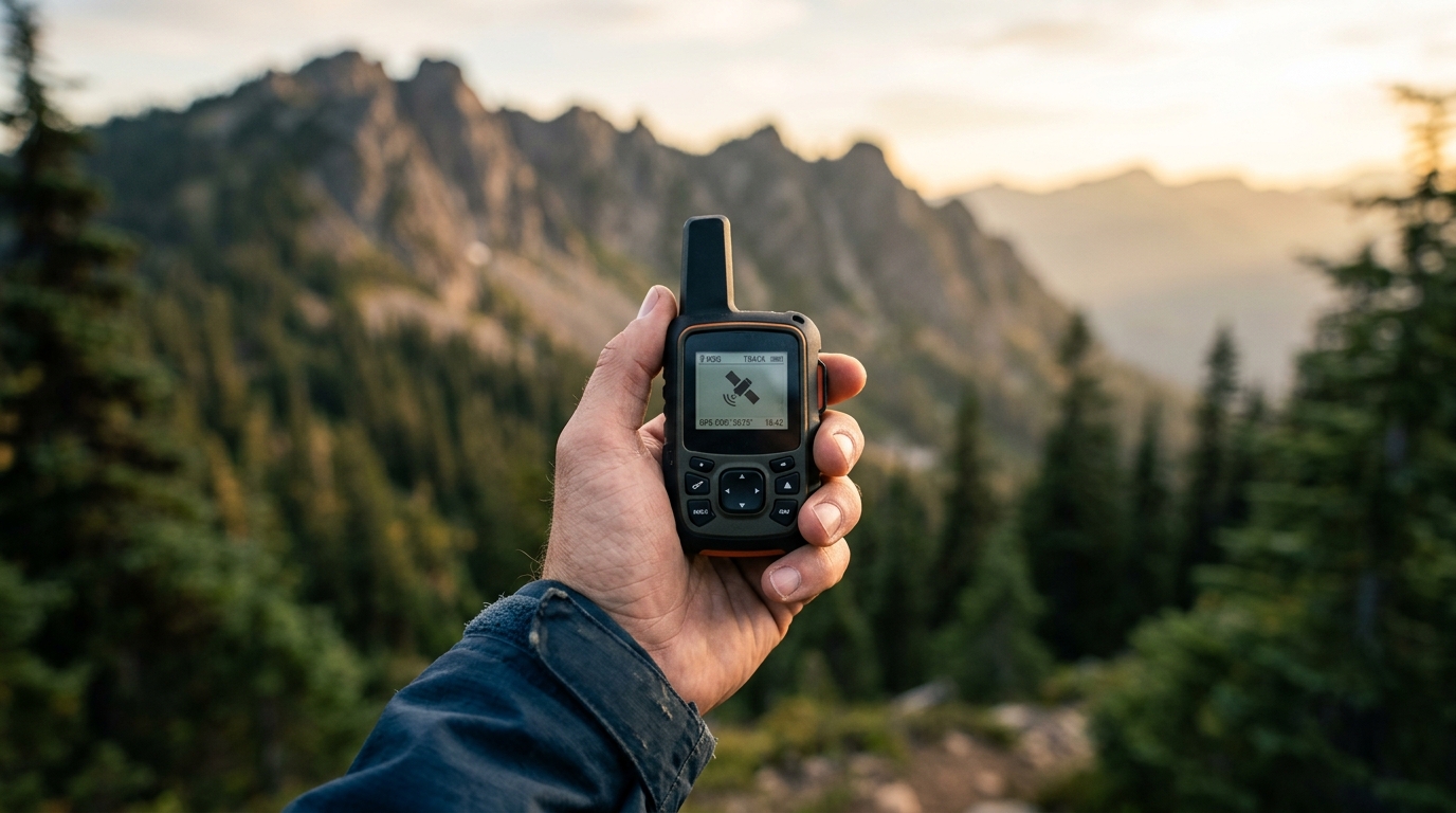 Hand holding a satellite communicator device with a mountain ridgeline in the background