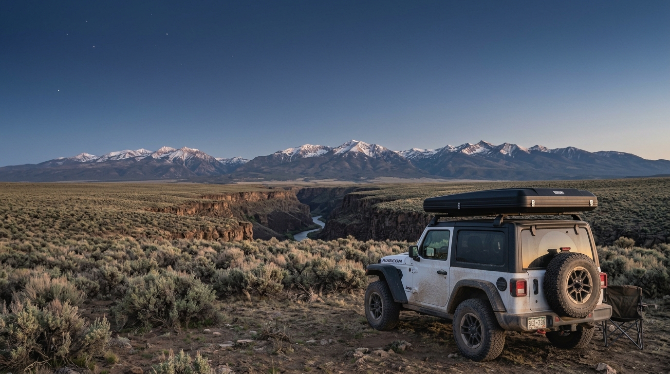free dispersed camping New Mexico Rio Grande del Norte mesa with 4x4 and dark sky