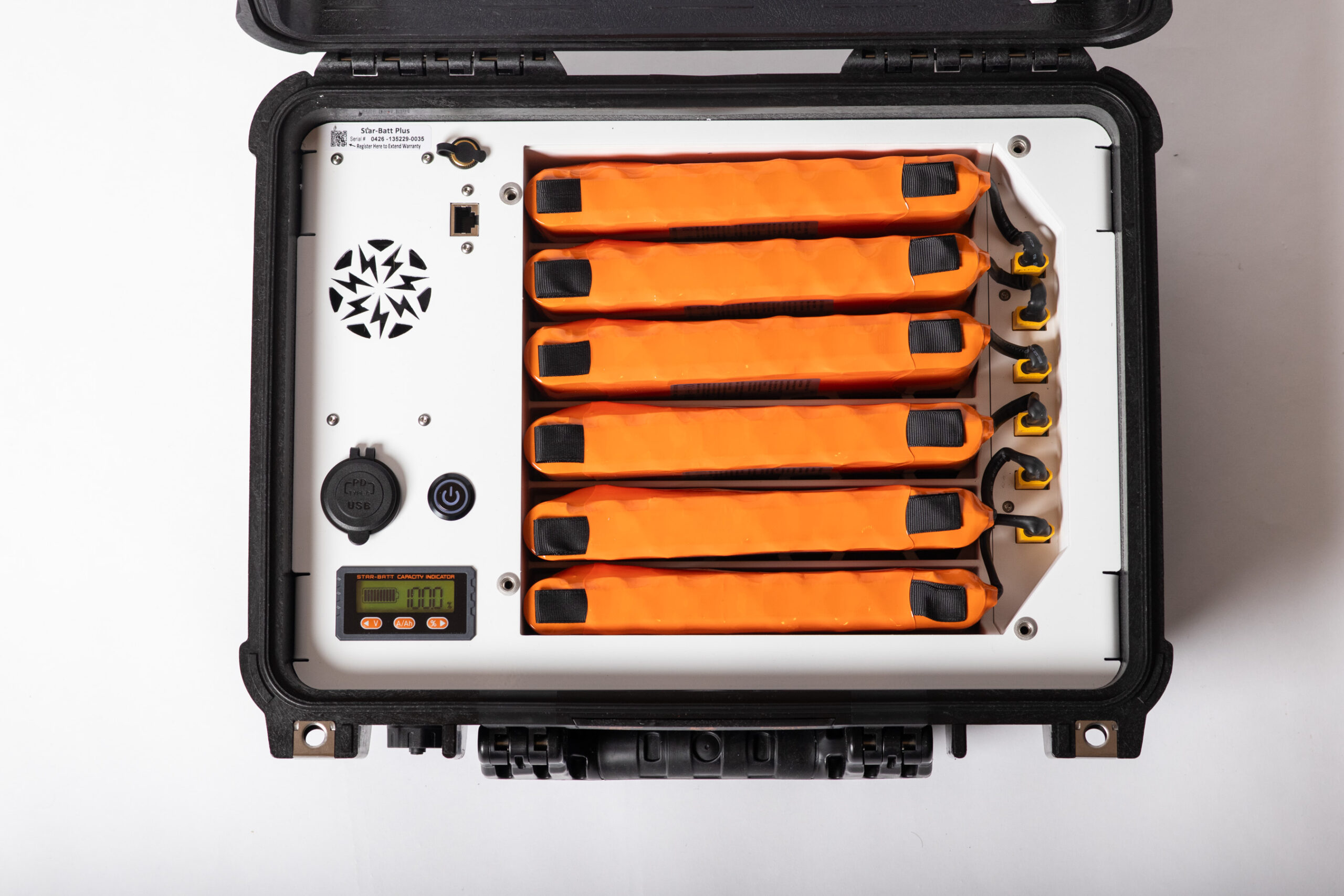 Inside the Star-Batt Plus: six removable LiFePO4 battery cells, capacity display, and RJ45 Ethernet port