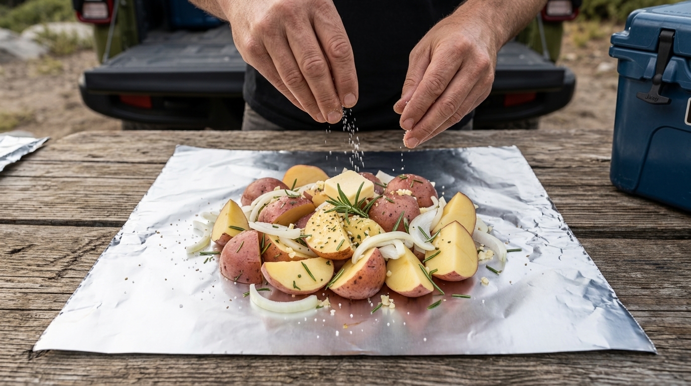 Quartered potatoes, onion, garlic, and rosemary seasoned on foil before the flat-pack fold