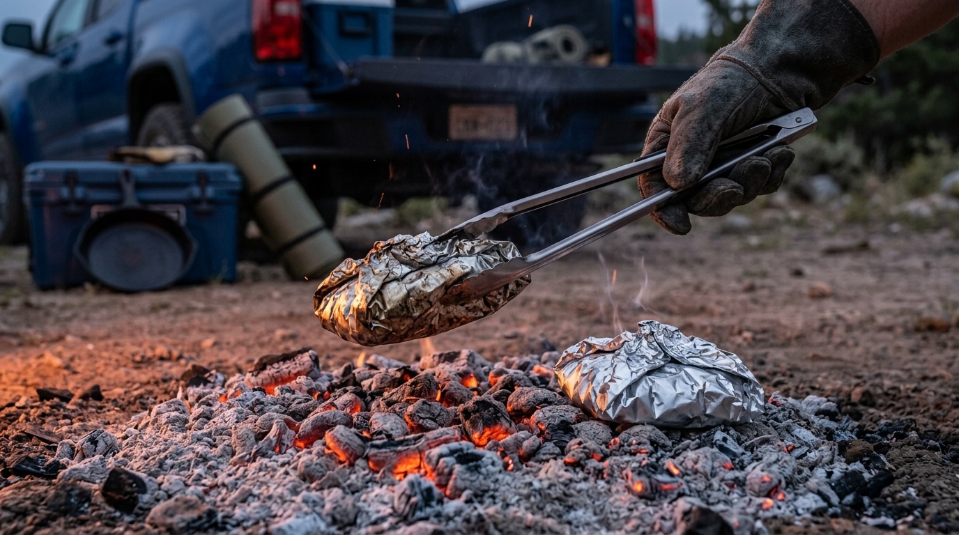 Foil packet potatoes and onions lifted off glowing coals with tongs