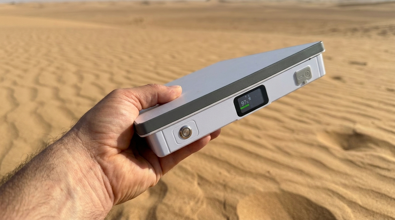 Hand holding a compact Starlink Mini PeakDo LinkPower 2 battery pack showing a 97 percent charge display, desert dunes in the background