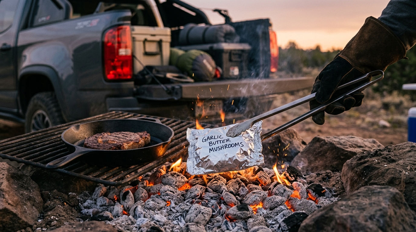 Foil packet garlic butter mushrooms lifted off medium coals with tongs