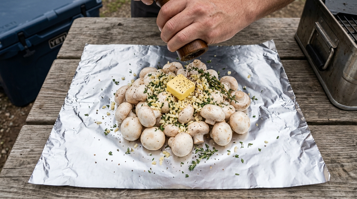 Whole button mushrooms with garlic, thyme, and butter on foil before the flat-pack fold