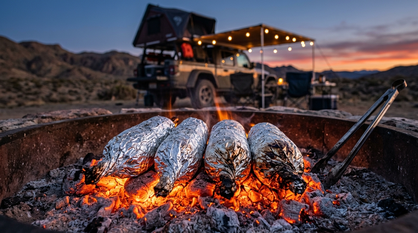 Hands spreading chili butter on a husked ear of corn resting on aluminum foil on a truck tailgate.