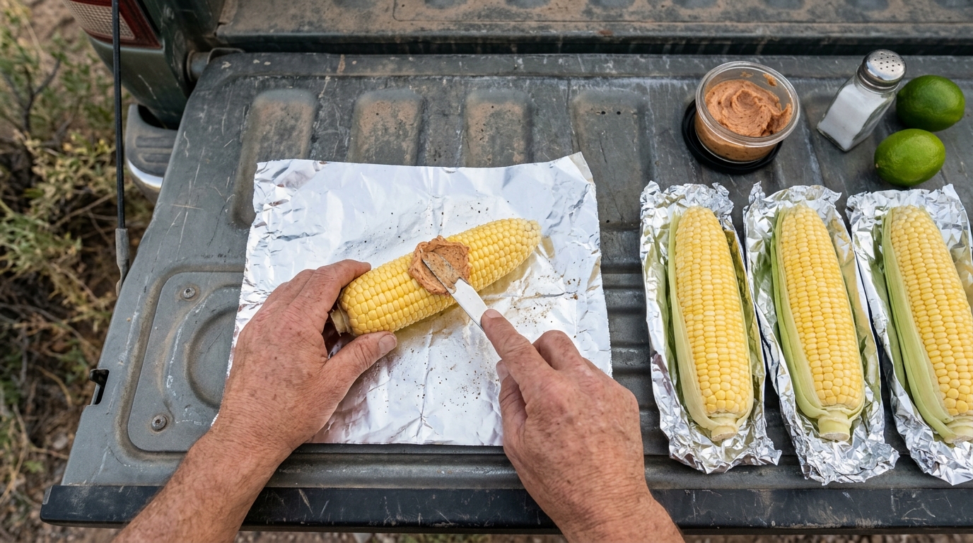 Close-up of an ear of corn with the foil peeled open, steam rising, melted chili butter and salt on the kernels.