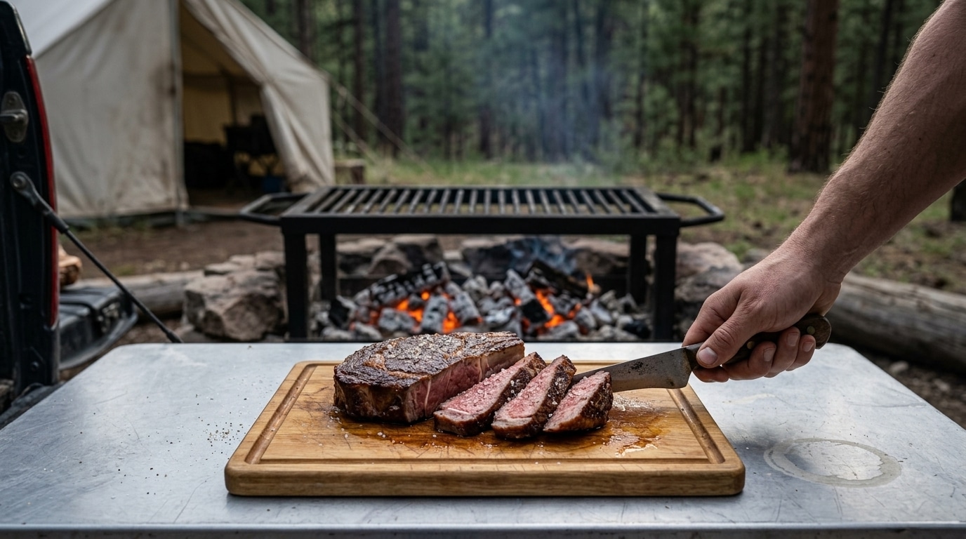 Campfire ribeye rested 8 minutes and sliced against the grain on a camp cutting board