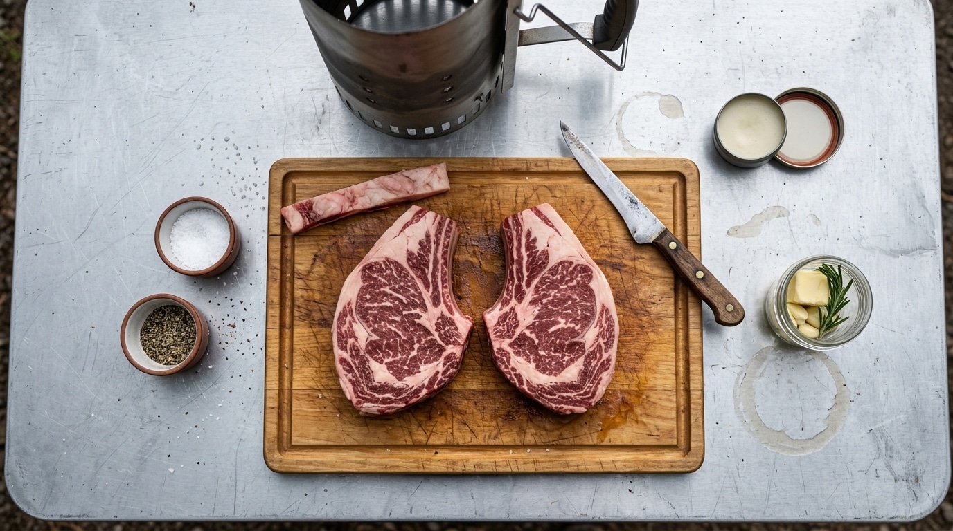 Two bone-in ribeyes trimmed and salted at home for a campfire ribeye cook