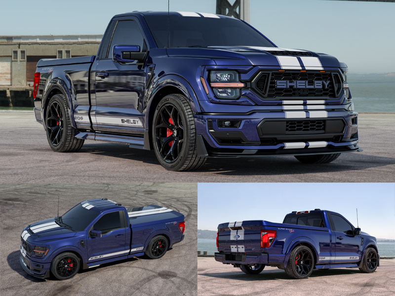 Three views of the 2026 Shelby F-150 Super Snake Sport showing its regular cab and short bed