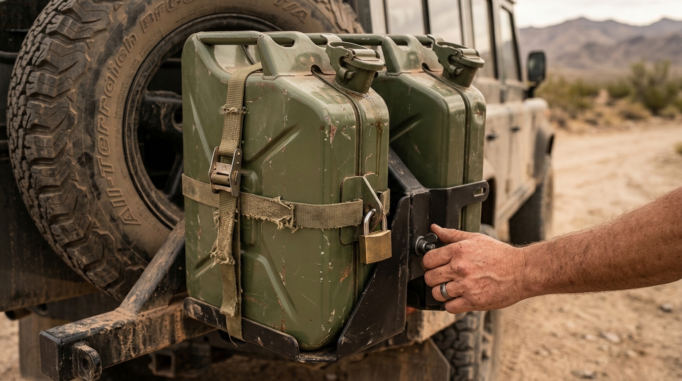 Two steel jerry cans mounted on a rear swing-out carrier beside a 35-inch spare tire on a dusty overland 4x4.