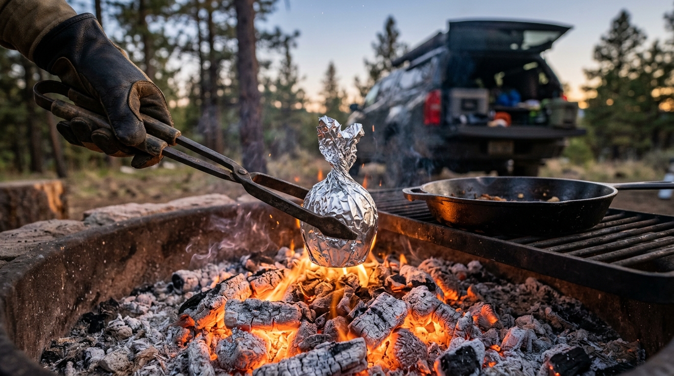 Foil-wrapped campfire apple lifted upright off medium coals with tongs