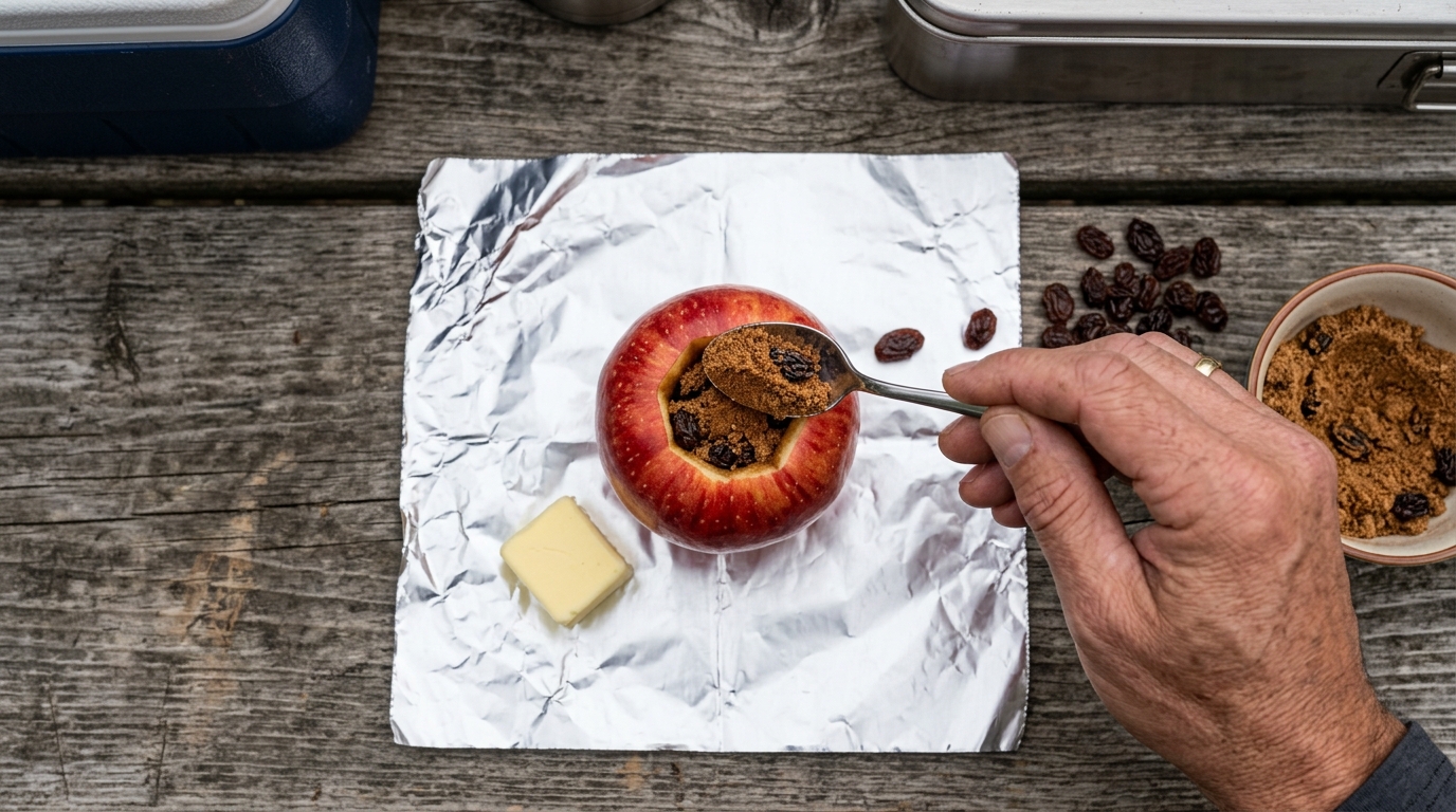 Cored apple being stuffed with brown sugar, cinnamon, and raisins before wrapping in foil