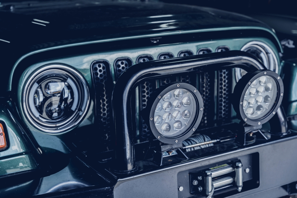 Winch on front of a Jeep
