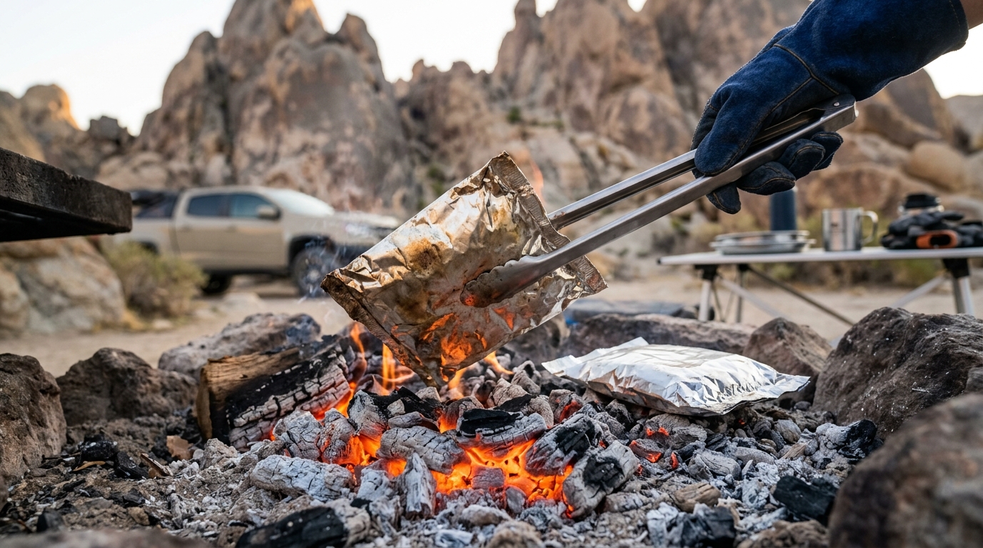 Gloved hand lifting a foil packet peach crumble off glowing coals with long-handled tongs