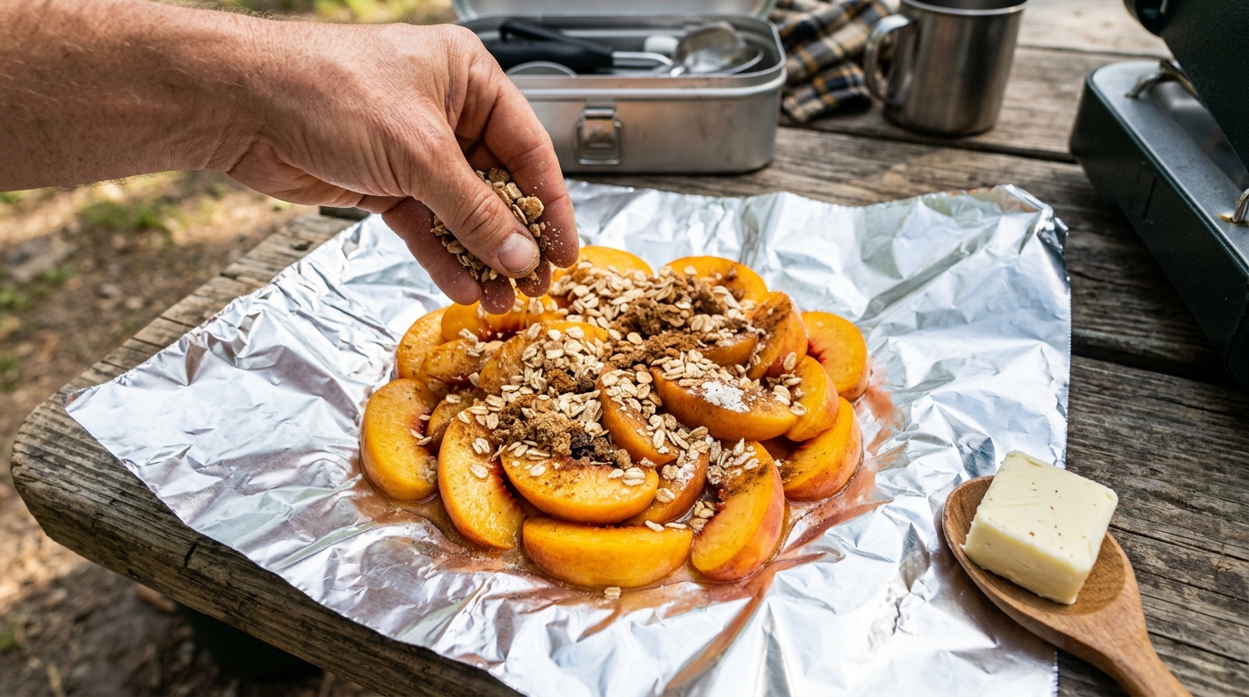 Hand sprinkling oat, brown sugar, and cinnamon crumble over sliced peaches on heavy-duty foil