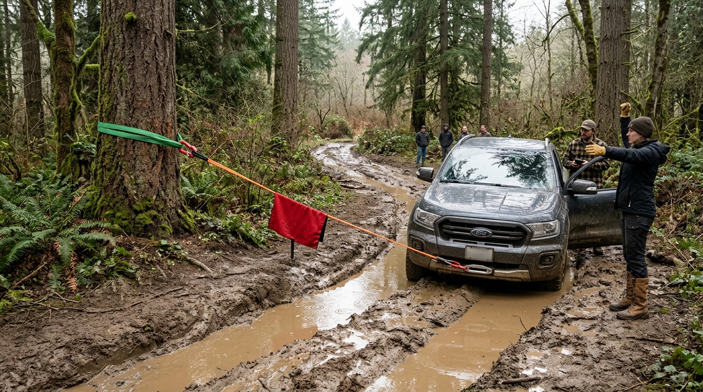 Off-road hand signals during a winch recovery, with both of the assistant's hands visible to the winch operator
