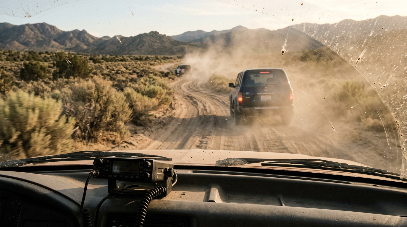 4x4 convoy holding a three-second gap on a dusty desert two-track, seen through a dusty windshield