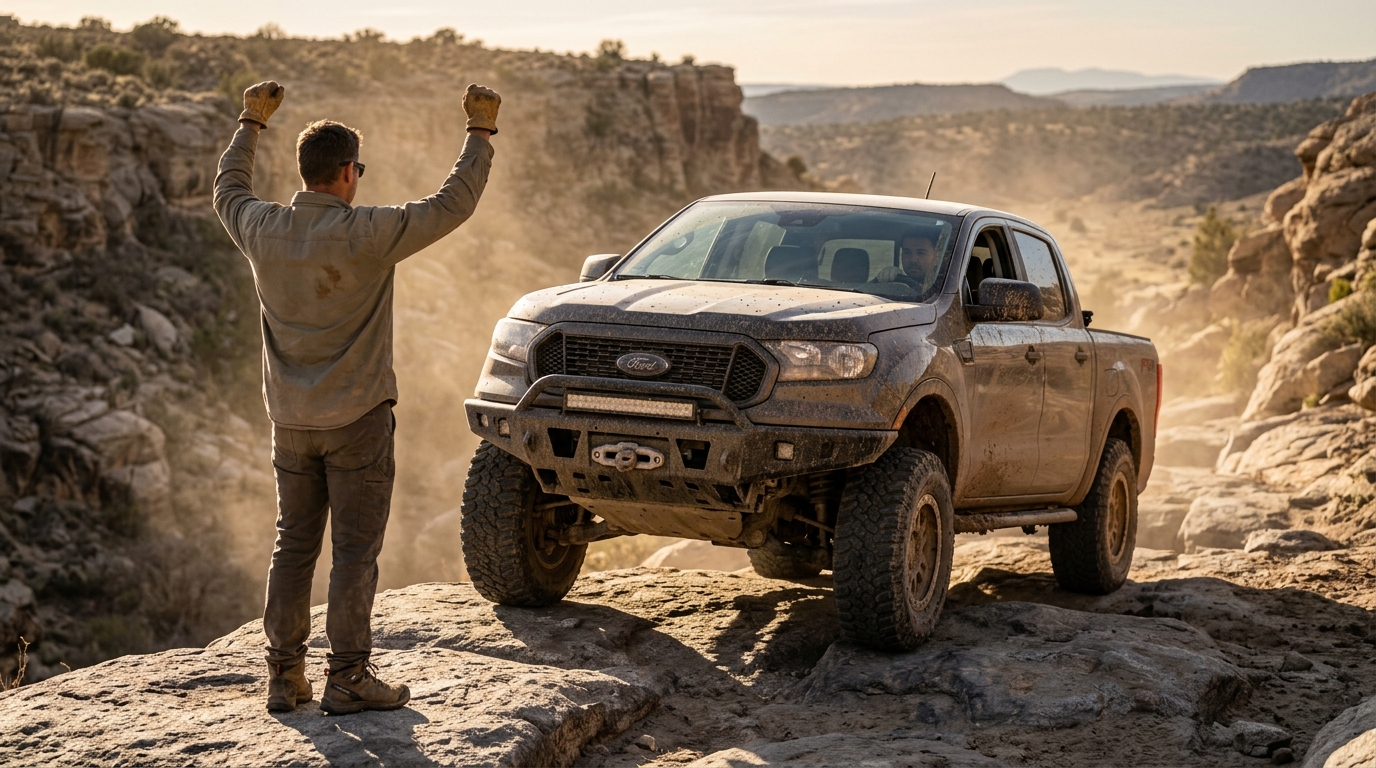 Off-road hand signals in use as a spotter raises both fists to signal stop to a 4x4 driver on a rock ledge