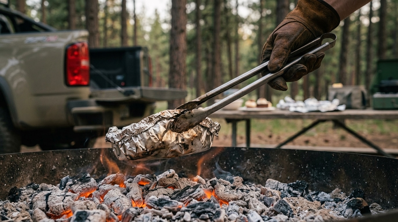 Double-wrapped foil pouch of chocolate fondue lifted from the edge of medium-low coals