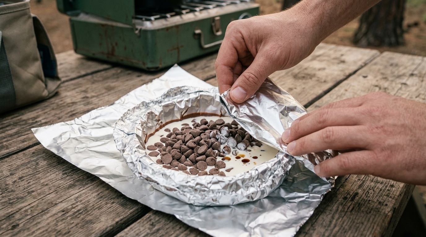 Chocolate chips, cream, and vanilla in a foil bowl before double-wrapping for the coals