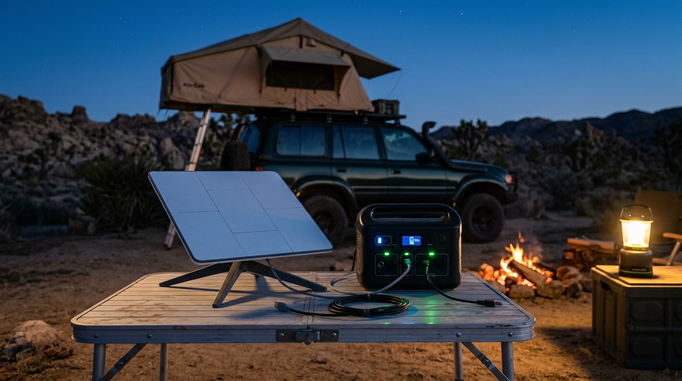 Flat satellite internet dish on a folding stand beside a portable power station at a remote camp with a rooftop tent at dusk