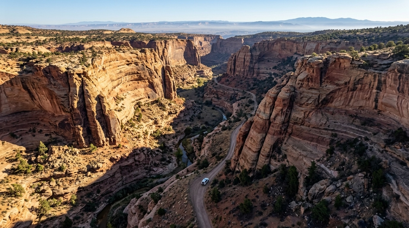 Aerial view of a lone white 4x4 on a canyon floor road with steep rock walls blocking line of sight