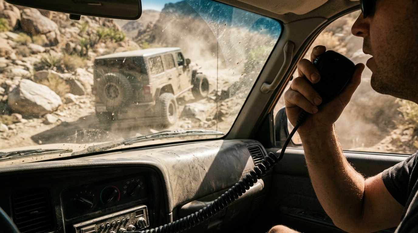 Driver holding a black GMRS radio microphone inside a 4x4 while a second vehicle climbs a rocky trail ahead