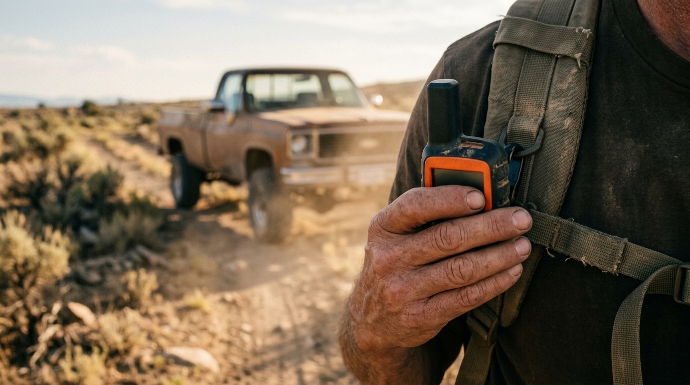 Satellite communicator vs radio for overlanding: hand holding a compact satellite messenger clipped to a backpack strap beside a 4x4 pickup on a desert two-track