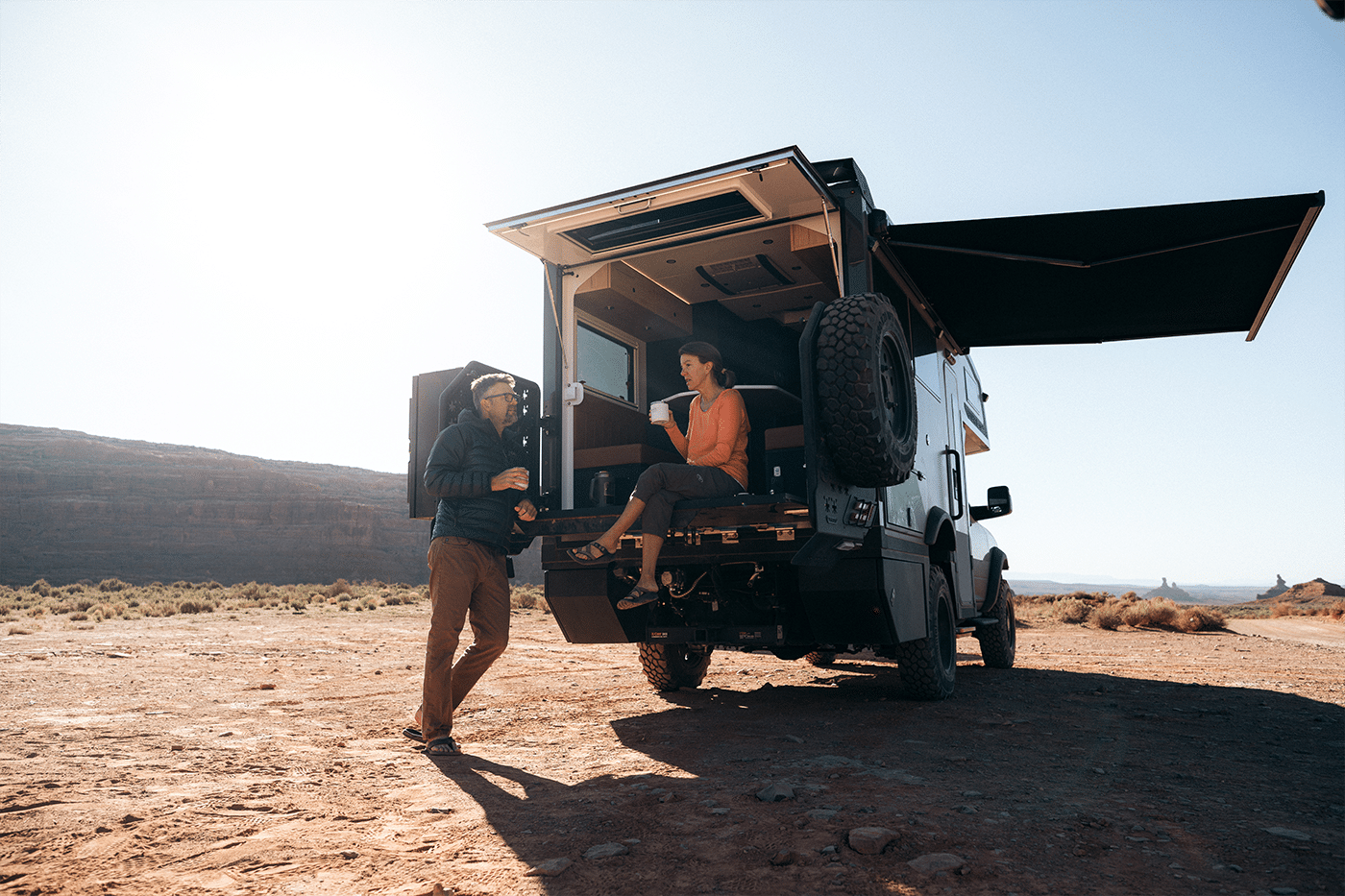 Storyteller Overland GXV Wild expedition truck with FlipOut Rear Deck open