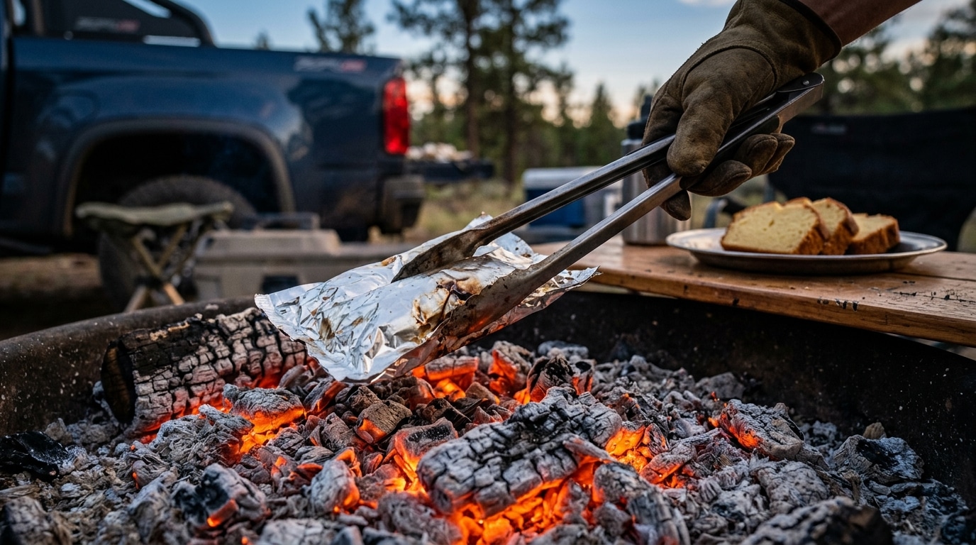Foil packet pineapple upside down lifted off medium coals with tongs