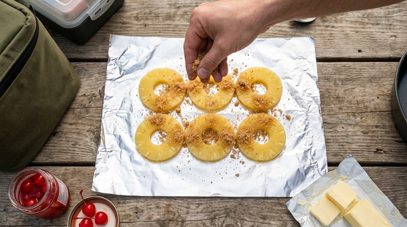 Pineapple rings with brown sugar and cherries before the flat-pack fold