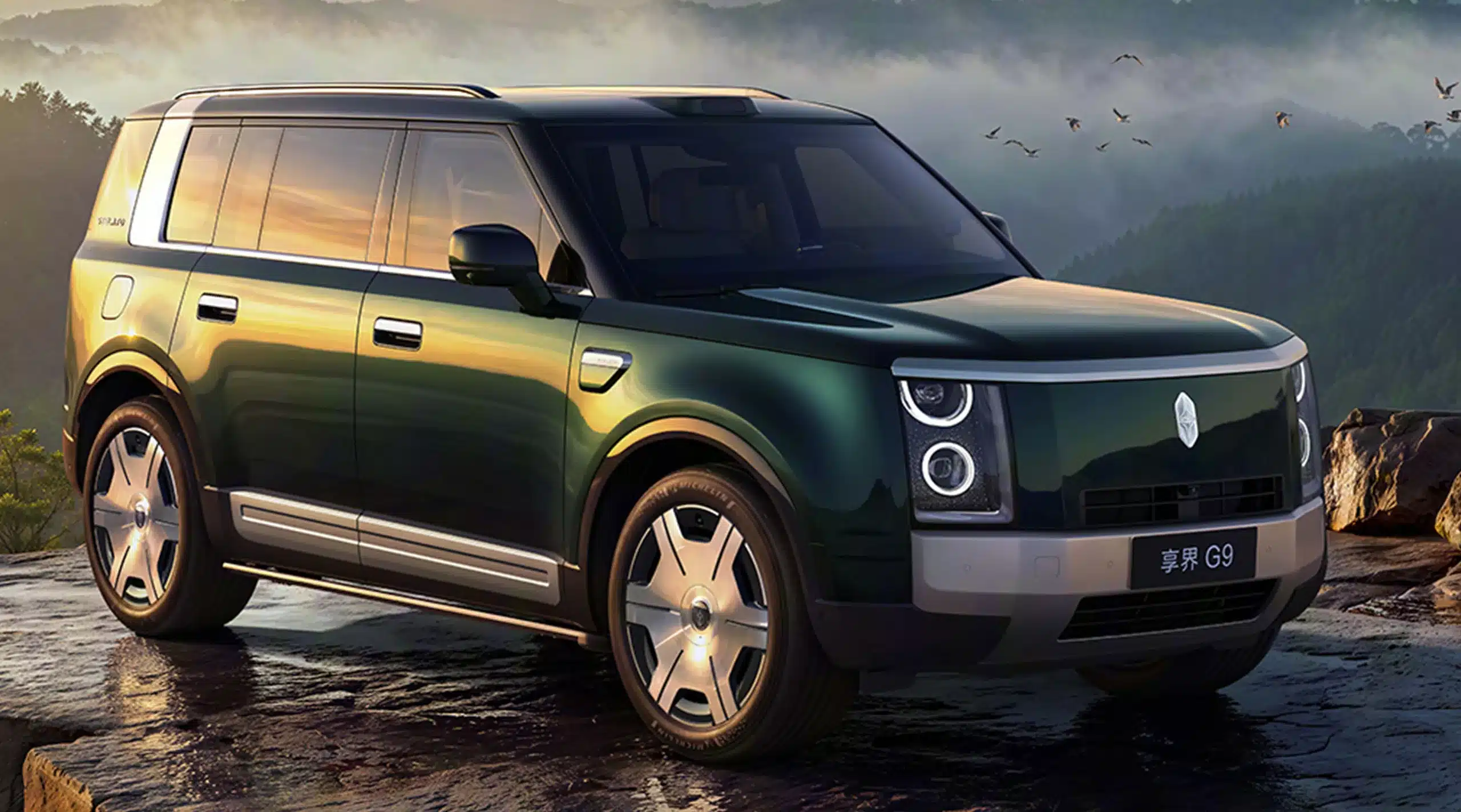 Stelato G9 luxury off-road SUV parked on a rocky overlook at sunrise