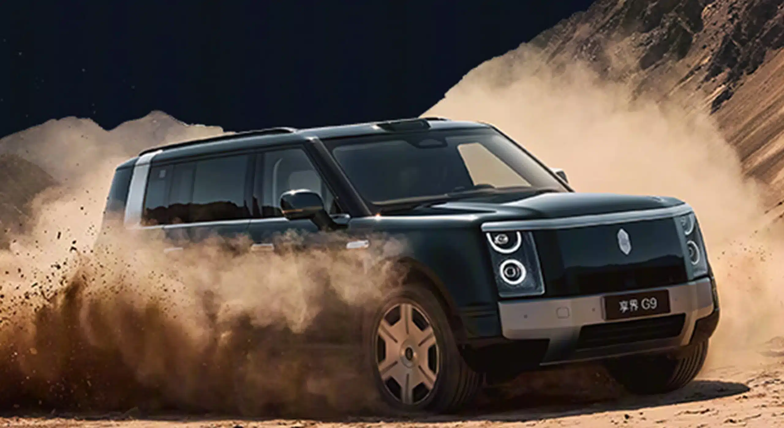 Stelato G9 throwing up dust across a desert dune at speed