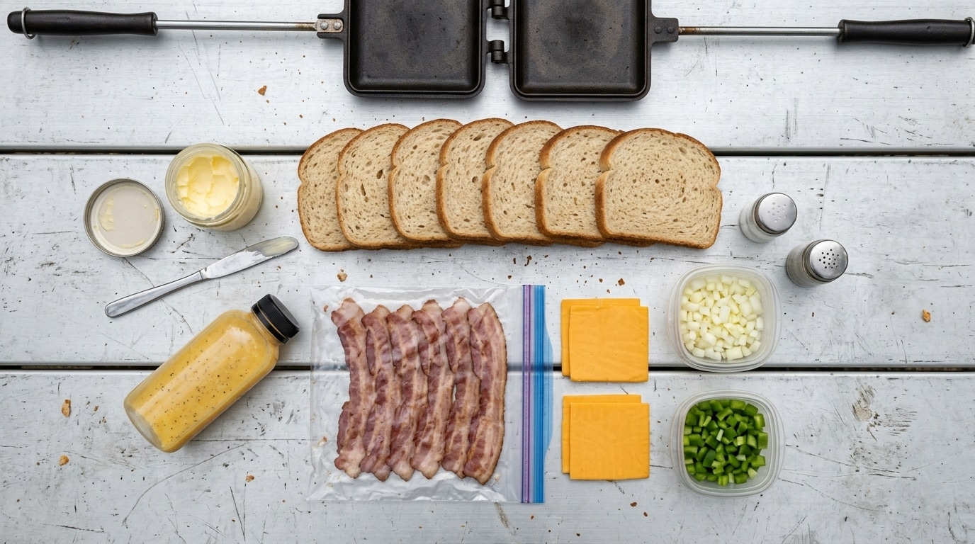 Bread, butter, beaten egg, and bacon prepped at home for pie iron breakfast sandwiches