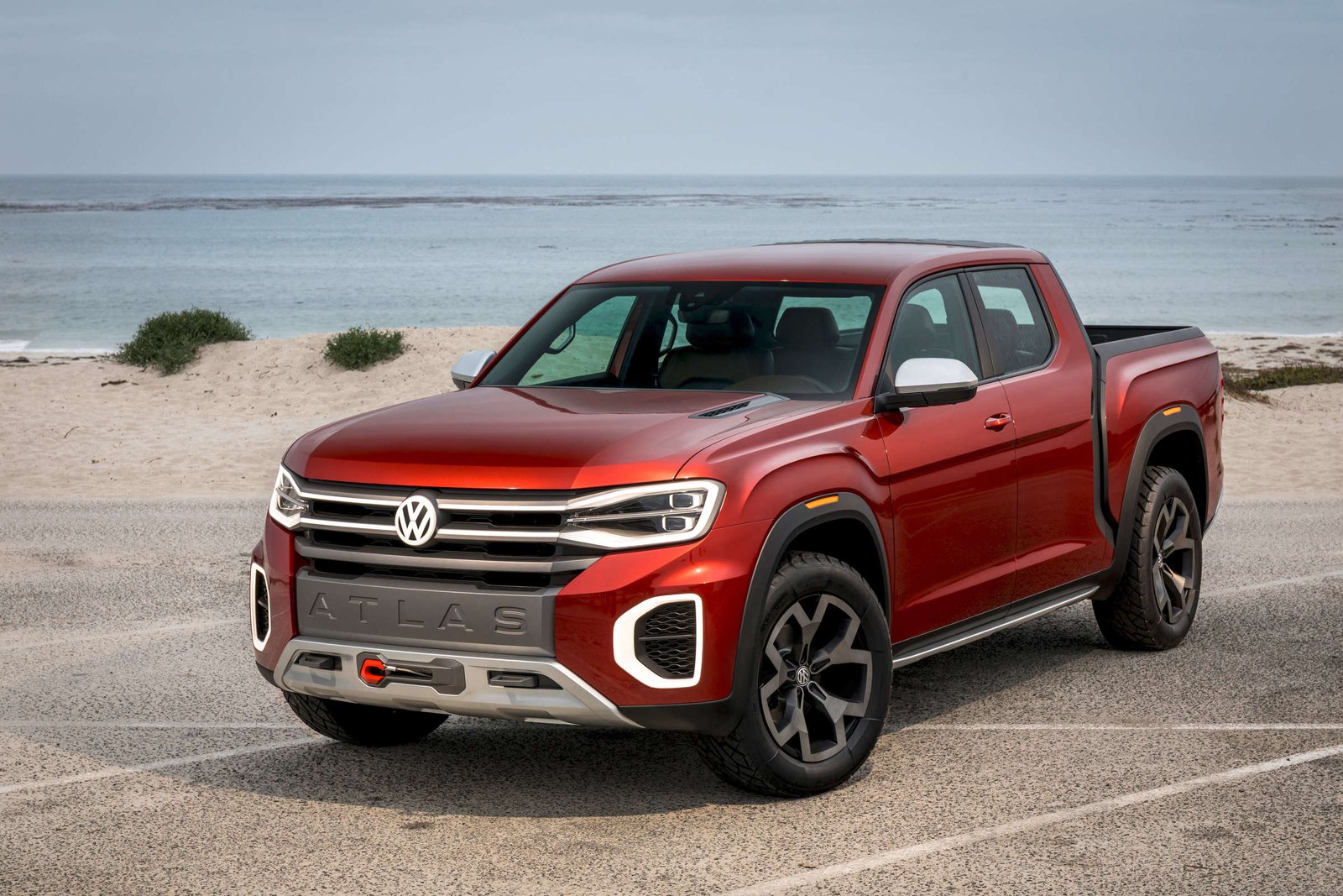 VW Atlas Tanoak concept front three-quarter view parked near the ocean