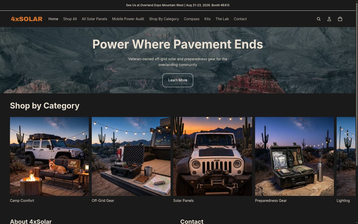4xSolar homepage showing veteran-owned off-grid solar overlanding gear