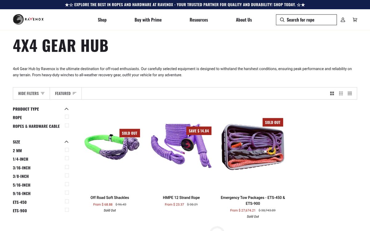 Ravenox 4x4 Gear Hub page showing soft shackles and synthetic recovery rope with prices