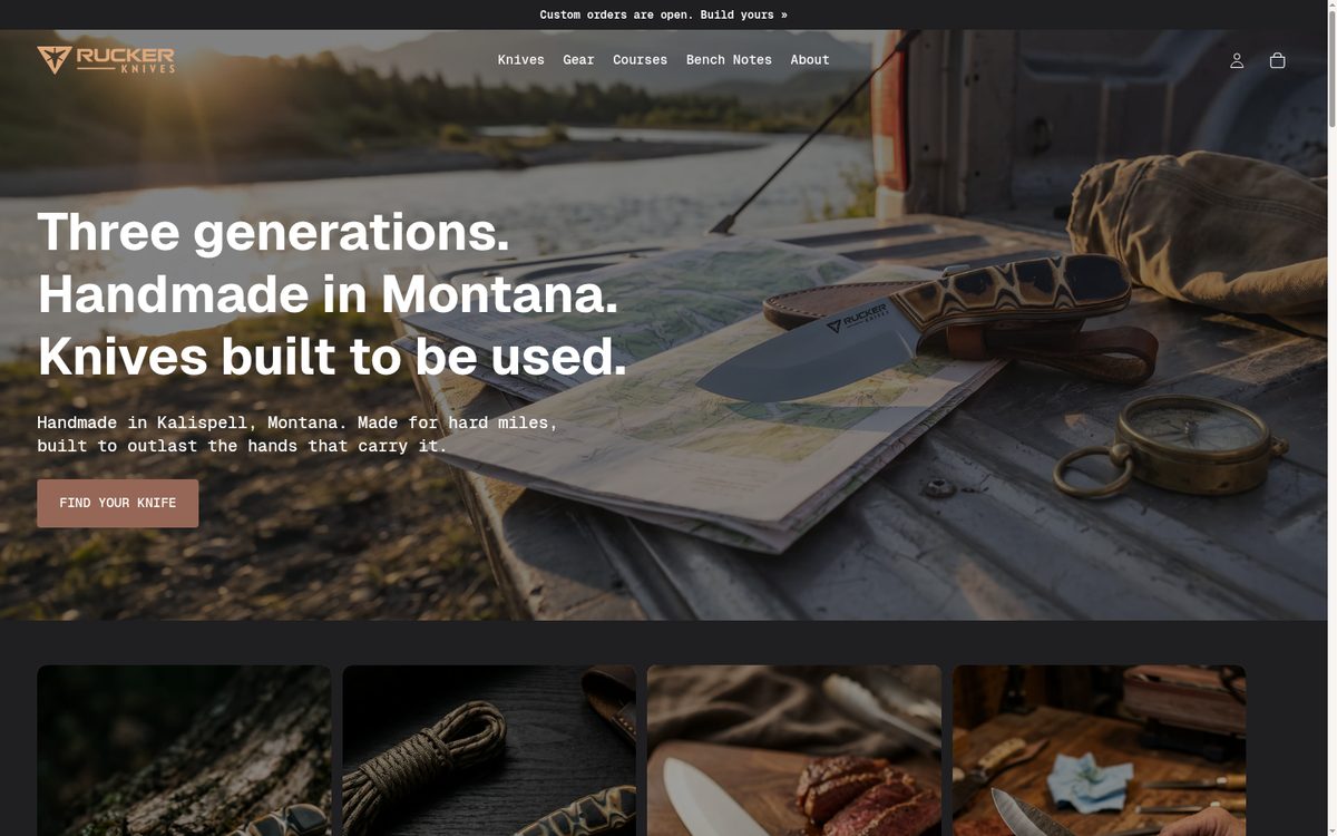 Rucker Knives homepage reading three generations, handmade in Montana, knives built to be used