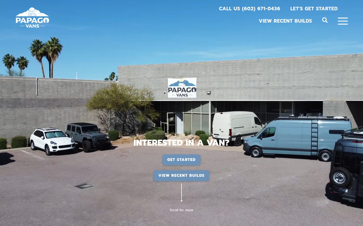 Papago Vans homepage showing the Mesa Arizona camper van conversion shop and fleet