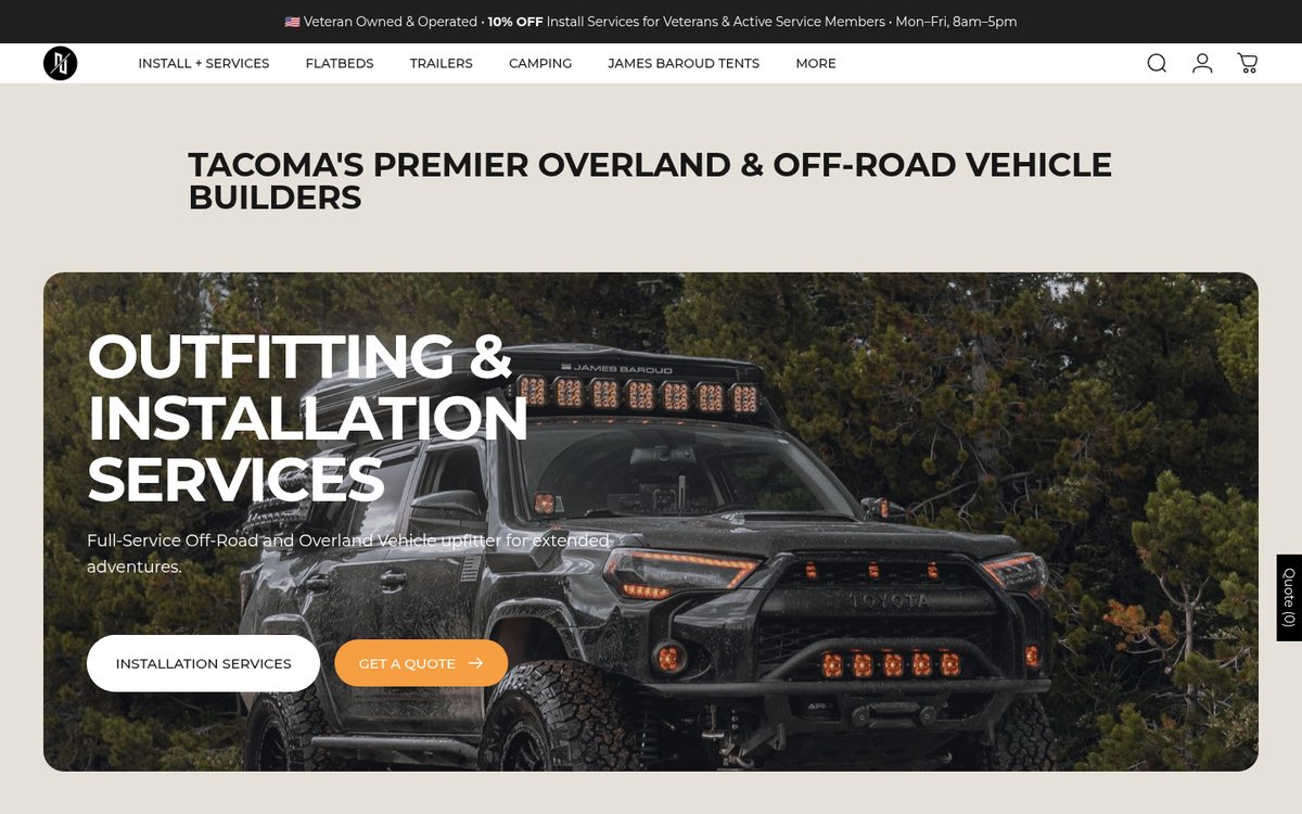 Next Jump Outfitters homepage with a veteran owned and operated banner above overlanding gear install services