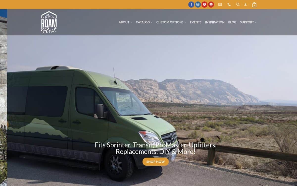 RoamRest homepage showing a camper van mattress that fits Sprinter, Transit and ProMaster builds