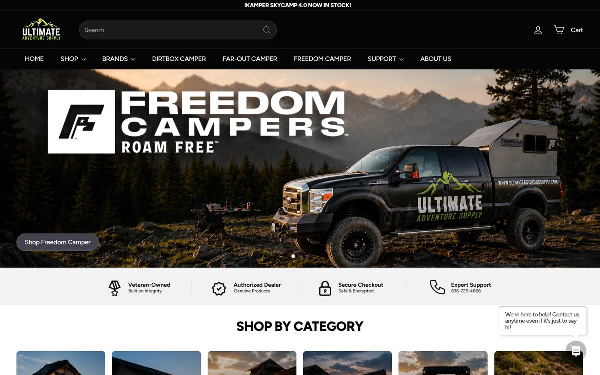 Ultimate Adventure Supply homepage showing rooftop tents and the overlanding gear brands it carries