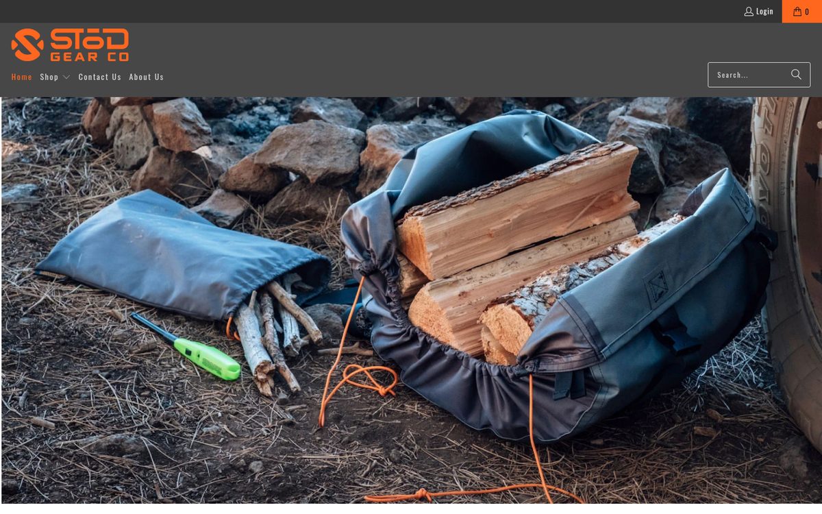 SToD Gear Co homepage showing the WoodGaiter firewood carrier, overlanding gear storage made in the USA
