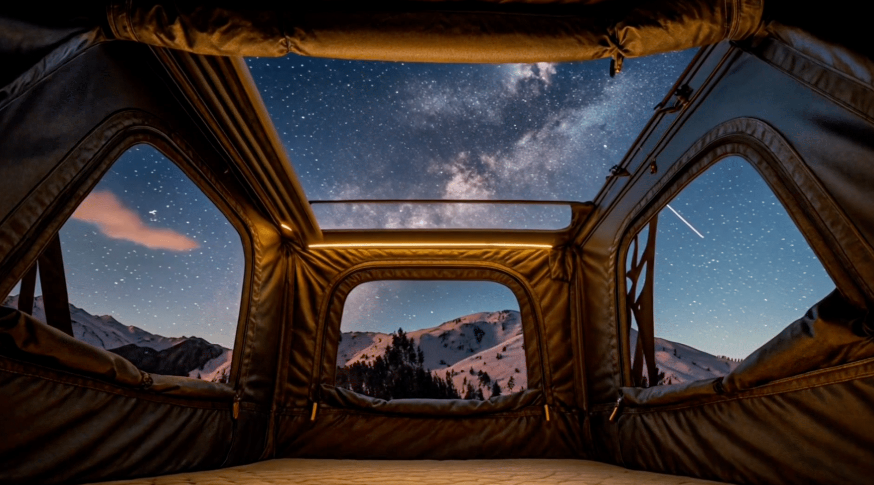 Cinch Outdoors Sky Cruiser tent opened up, showing a massive amount of windows in view. 